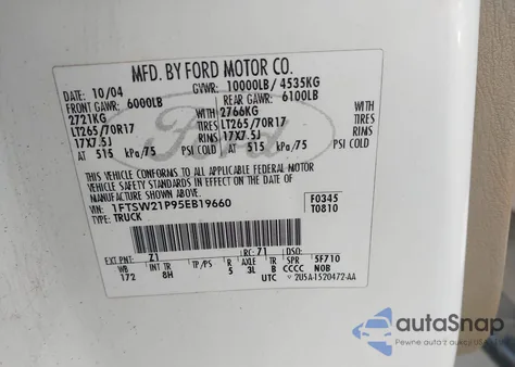 2005 Ford F-250 Lariat/Xl/Xlt из США, поврежденный, VIN 1FTSW21P95EB19660